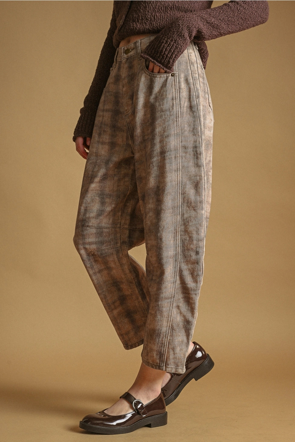 Brown Plaid Barrel Pants