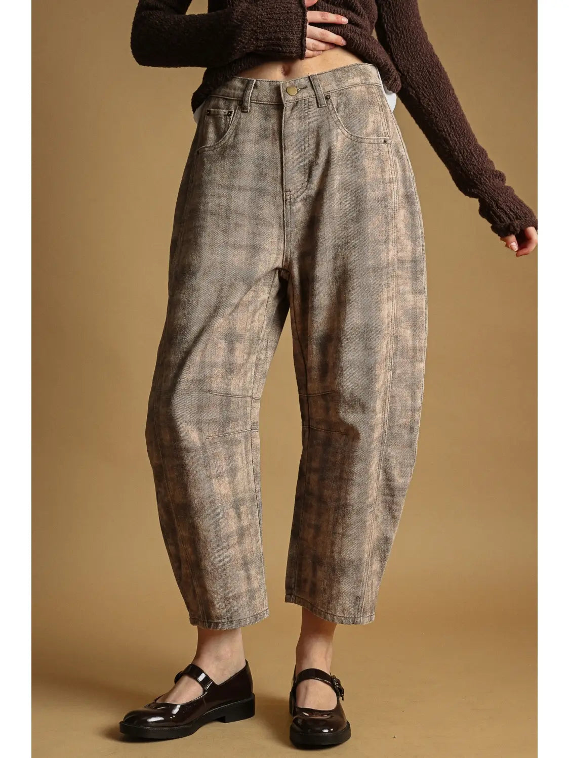 Brown Plaid Barrel Pants