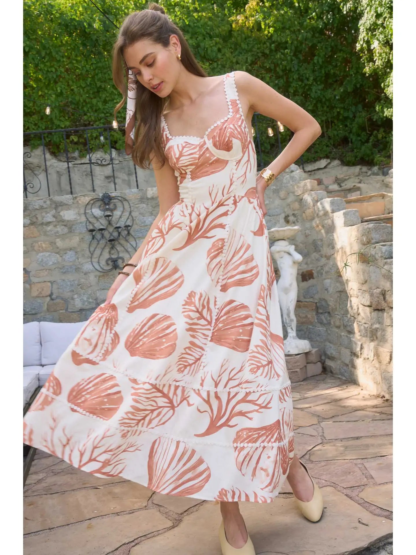 Seashell Motif Lace Trim Midi Dress