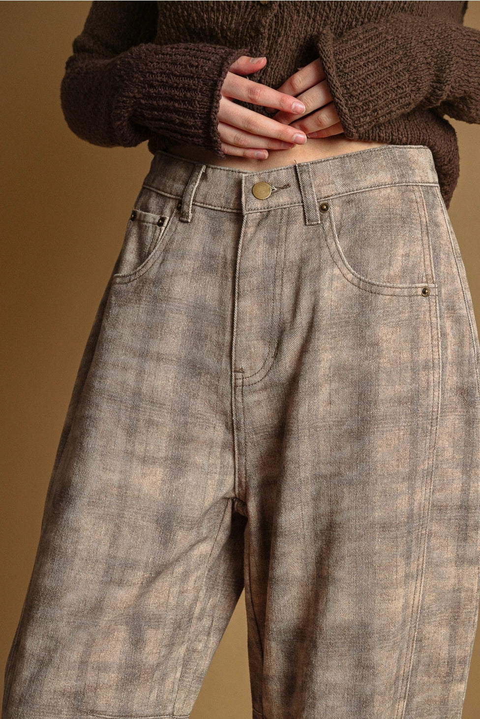 Brown Plaid Barrel Pants