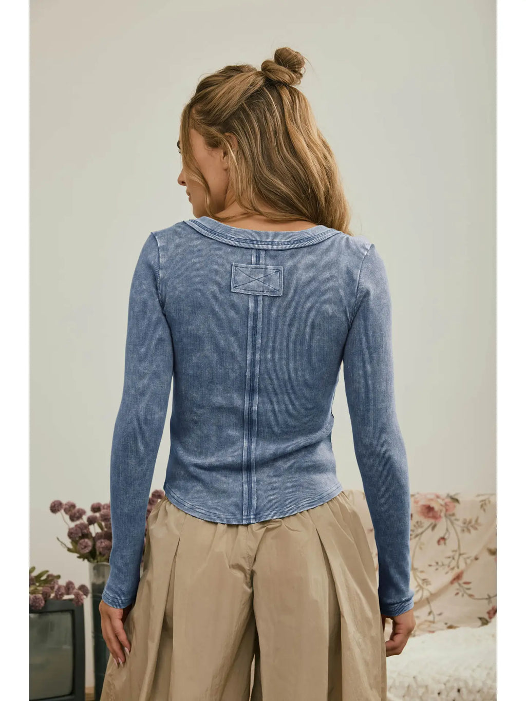 Washed Henley Long Sleeve- Vintage Blue