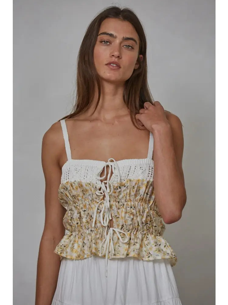 Crochet Cotton Tie Front Tank - Floral