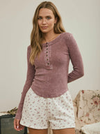 Washed Henley Long Sleeve- Maroon