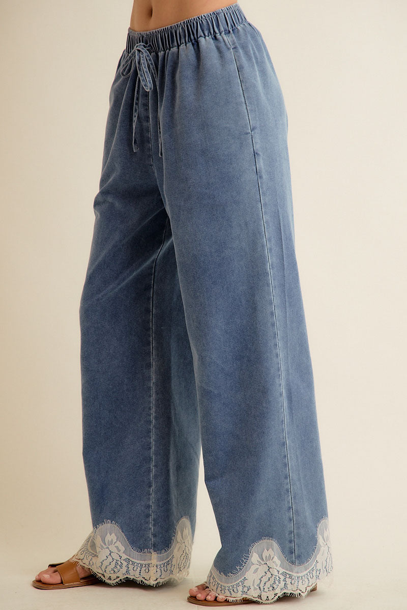 Lace Trim Denim Pants