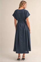Navy Pleated Belted Maxi Dress