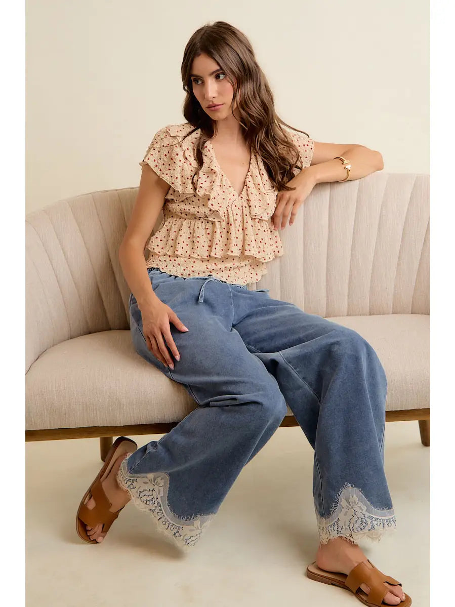 Lace Trim Denim Pants