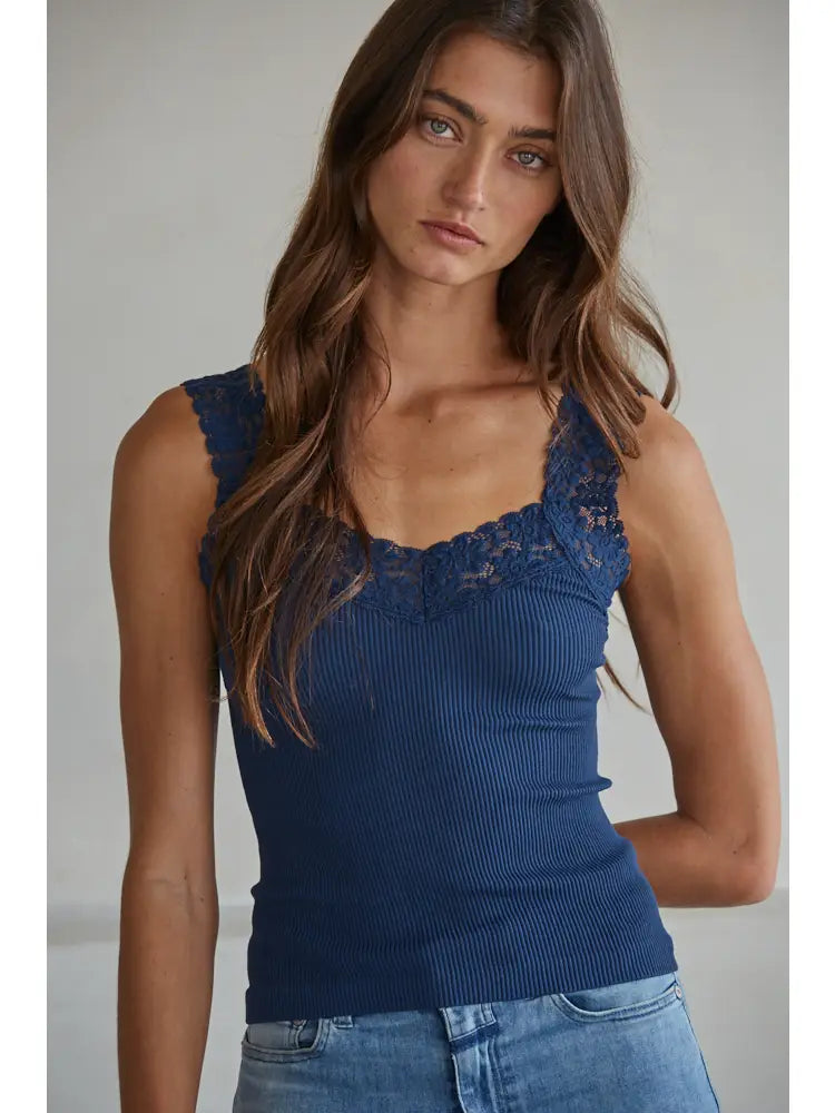 Navy Lace Ribbed Tank
