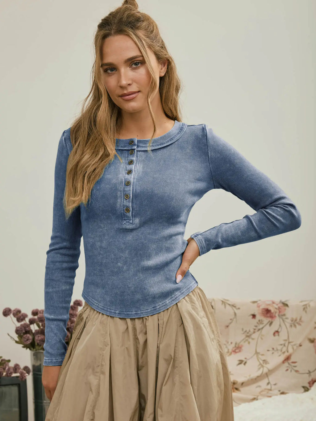 Washed Henley Long Sleeve- Vintage Blue