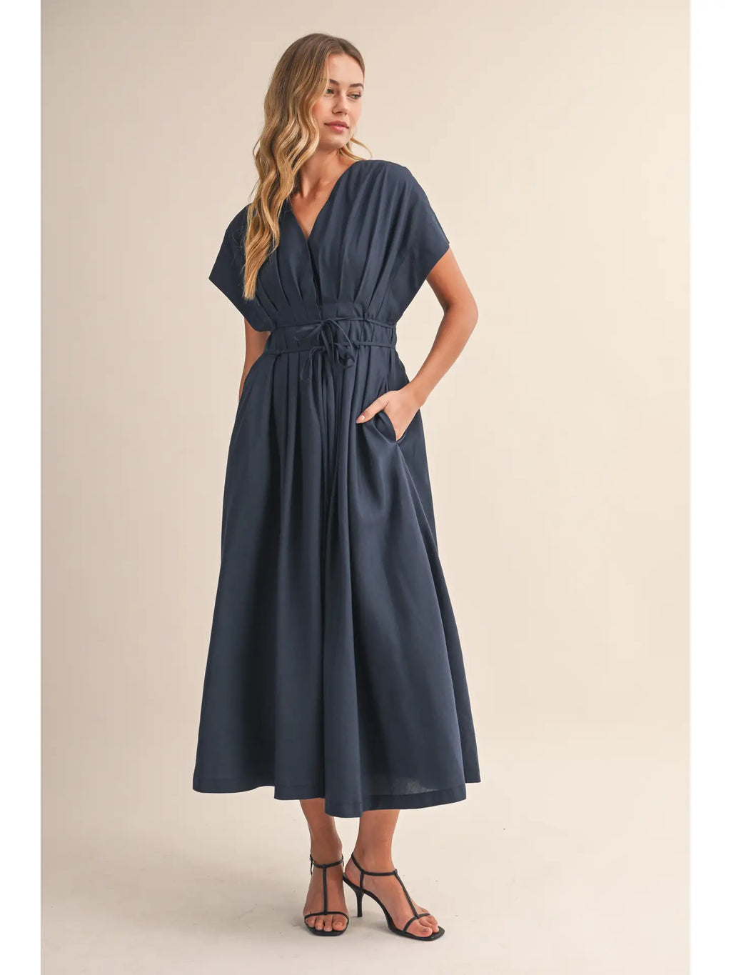 Navy Pleated Belted Maxi Dress