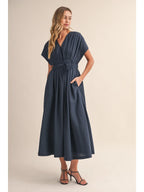 Navy Pleated Belted Maxi Dress