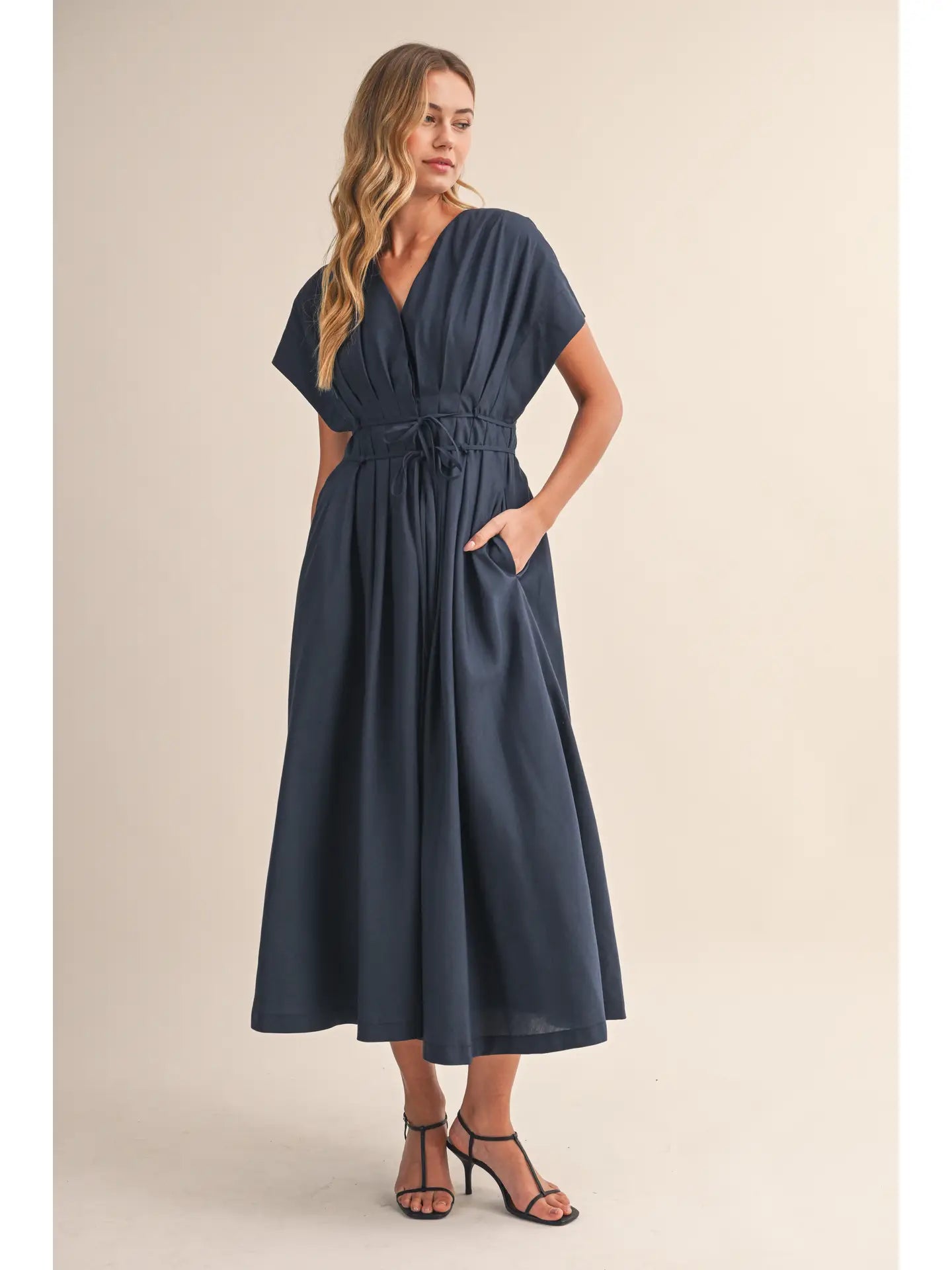Navy Pleated Belted Maxi Dress