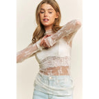 Cream Mesh Lace High Neck Design Long Sleeve Fitted Top