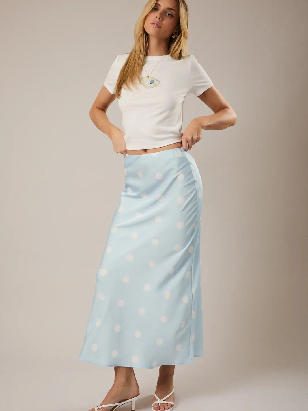 Satin Midi Skirt in Polka Dot