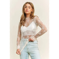Cream Mesh Lace High Neck Design Long Sleeve Fitted Top