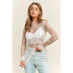 Cream Mesh Lace High Neck Design Long Sleeve Fitted Top