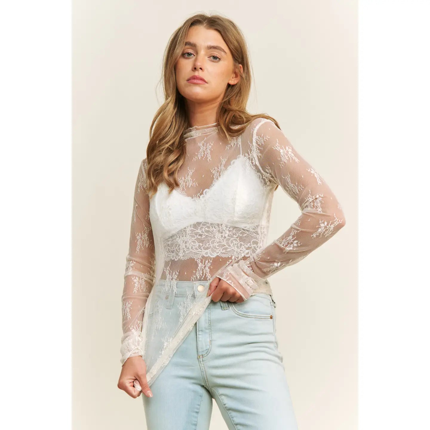 Cream Mesh Lace High Neck Design Long Sleeve Fitted Top