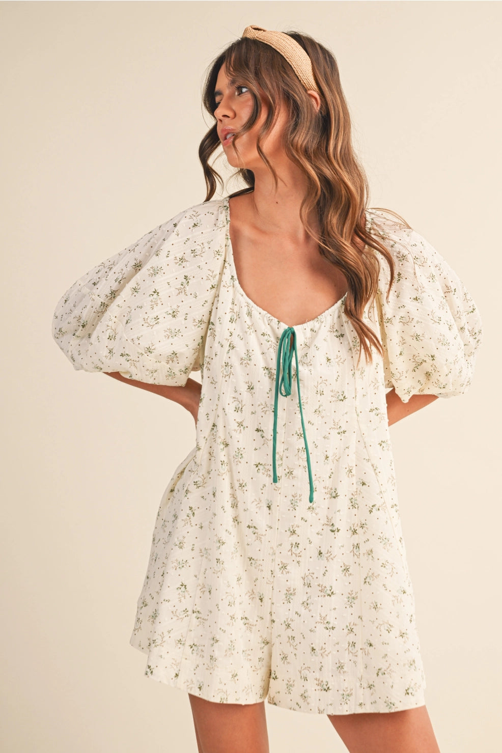 Green Cream Floral Romper