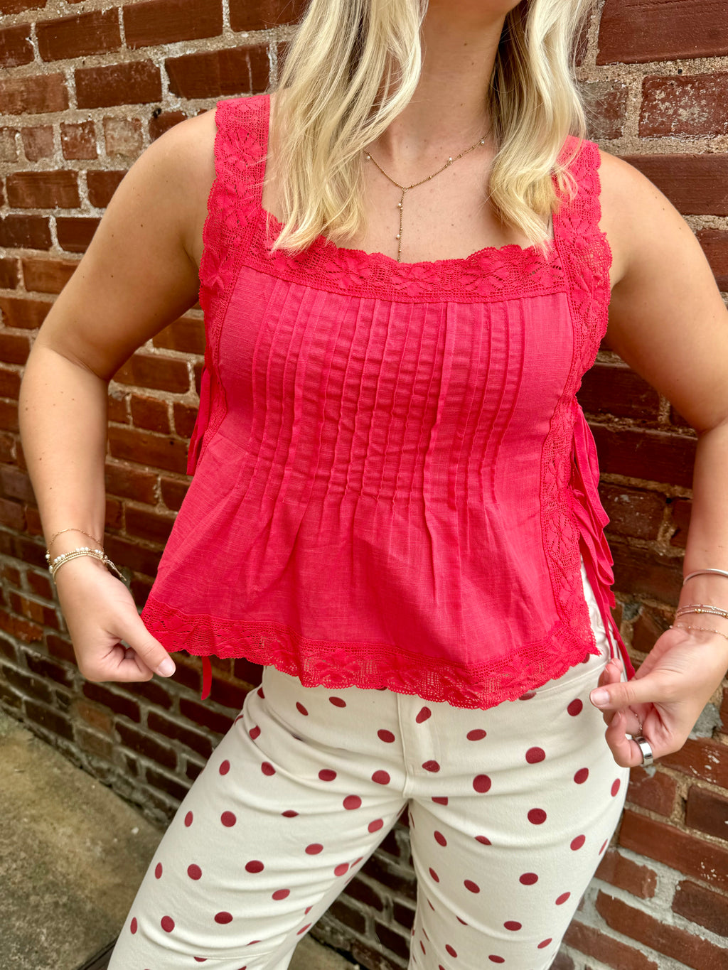 Red Lace Trim Side Tie Top