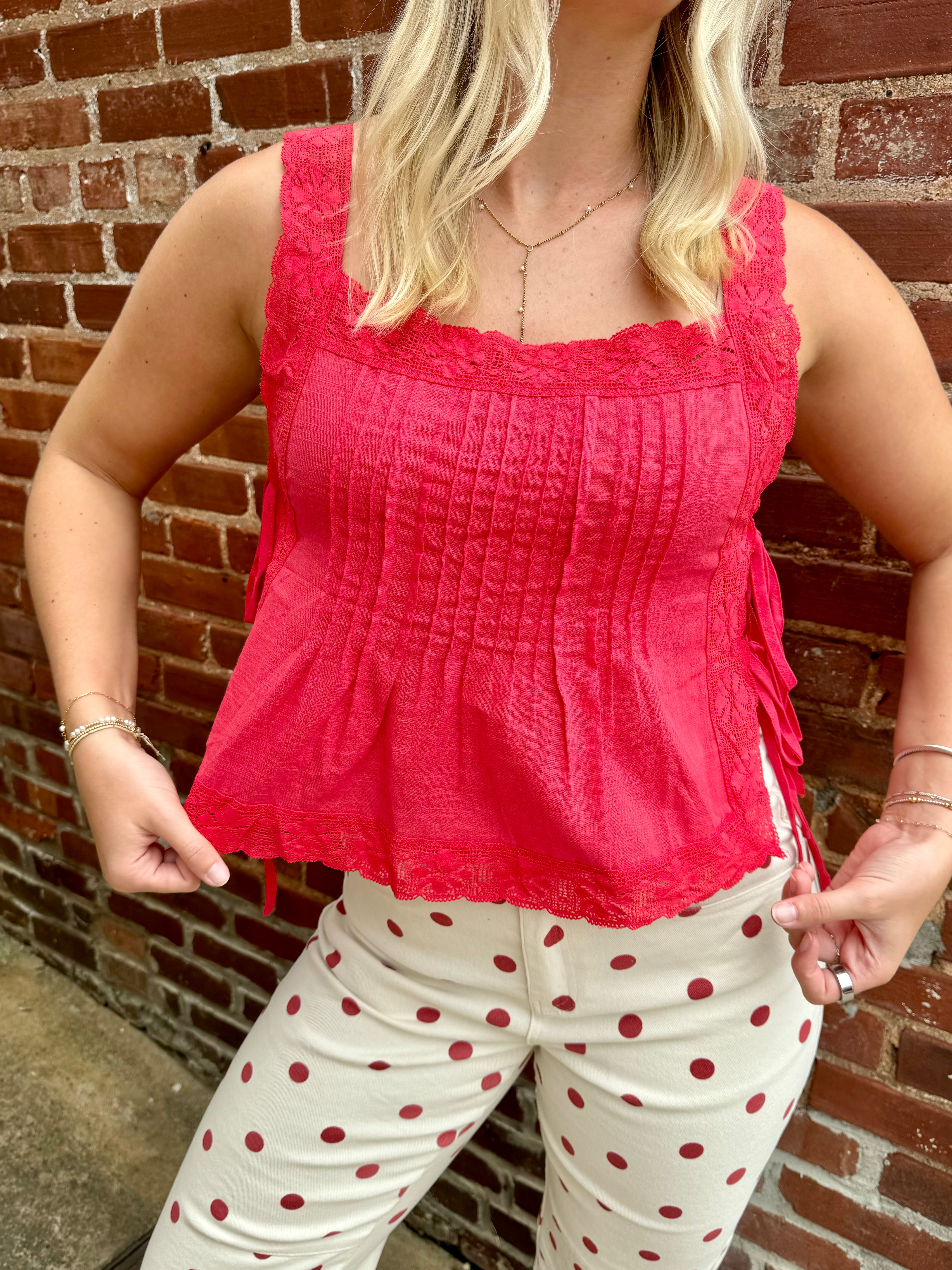 Red Lace Trim Side Tie Top