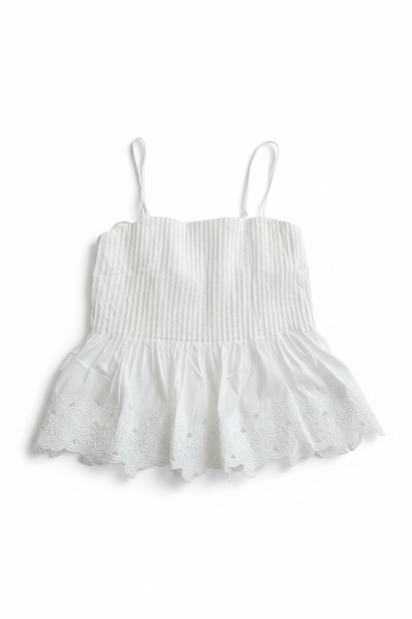 White Eyelet Trim Pleated Tank