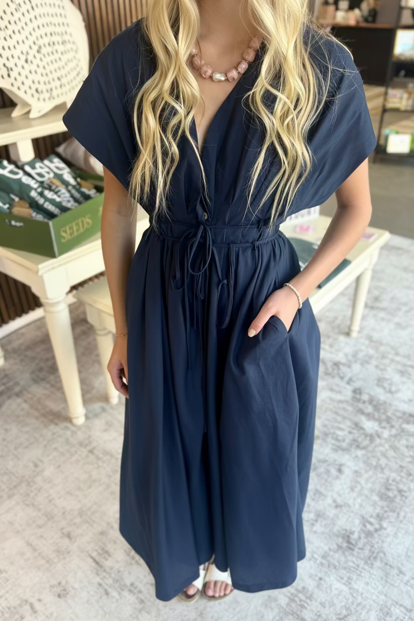 Navy Tie Waist Maxi Dress