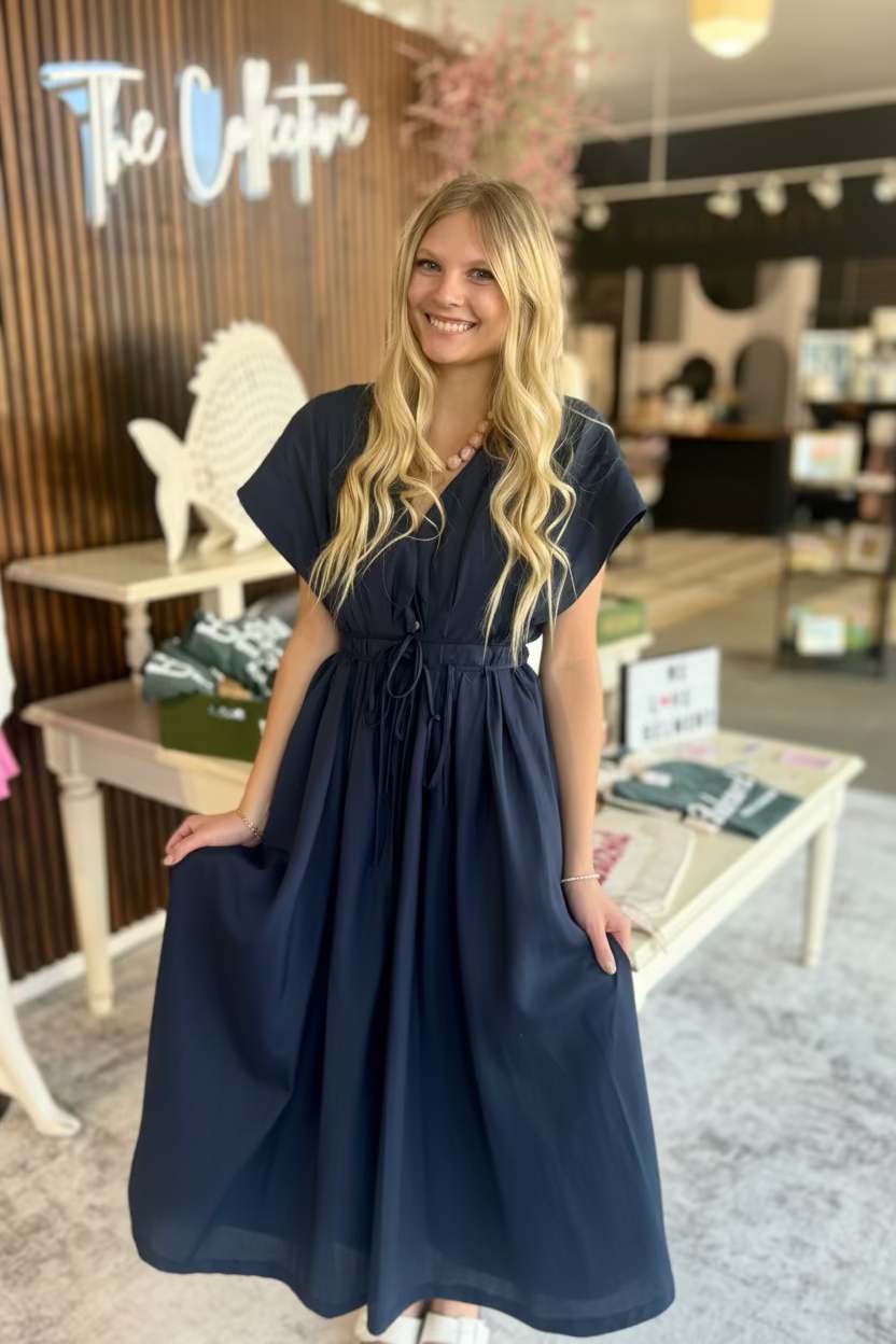 Navy Tie Waist Maxi Dress