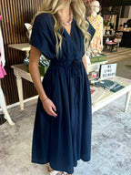 Navy Tie Waist Maxi Dress