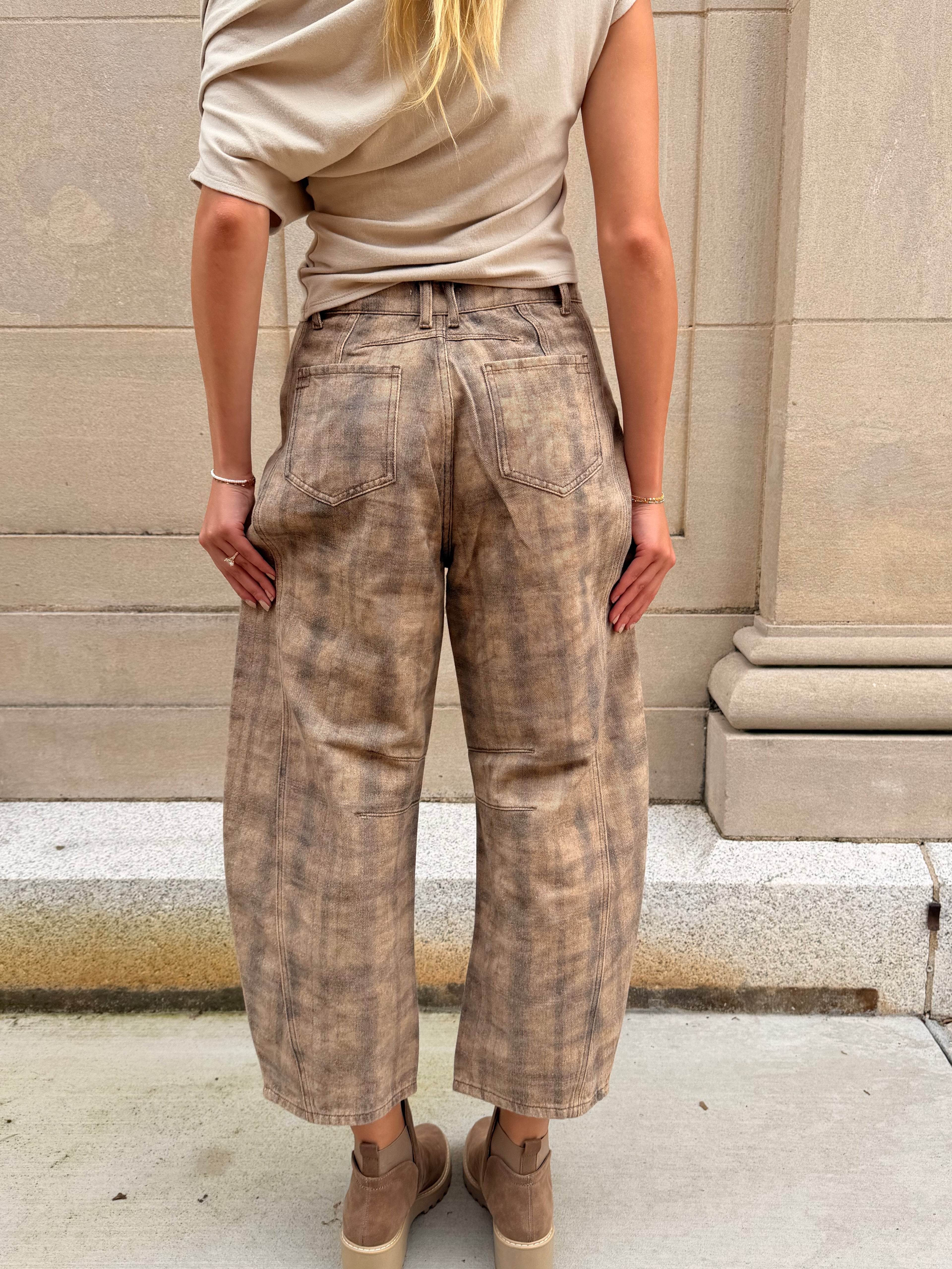 Brown Plaid Barrel Pants