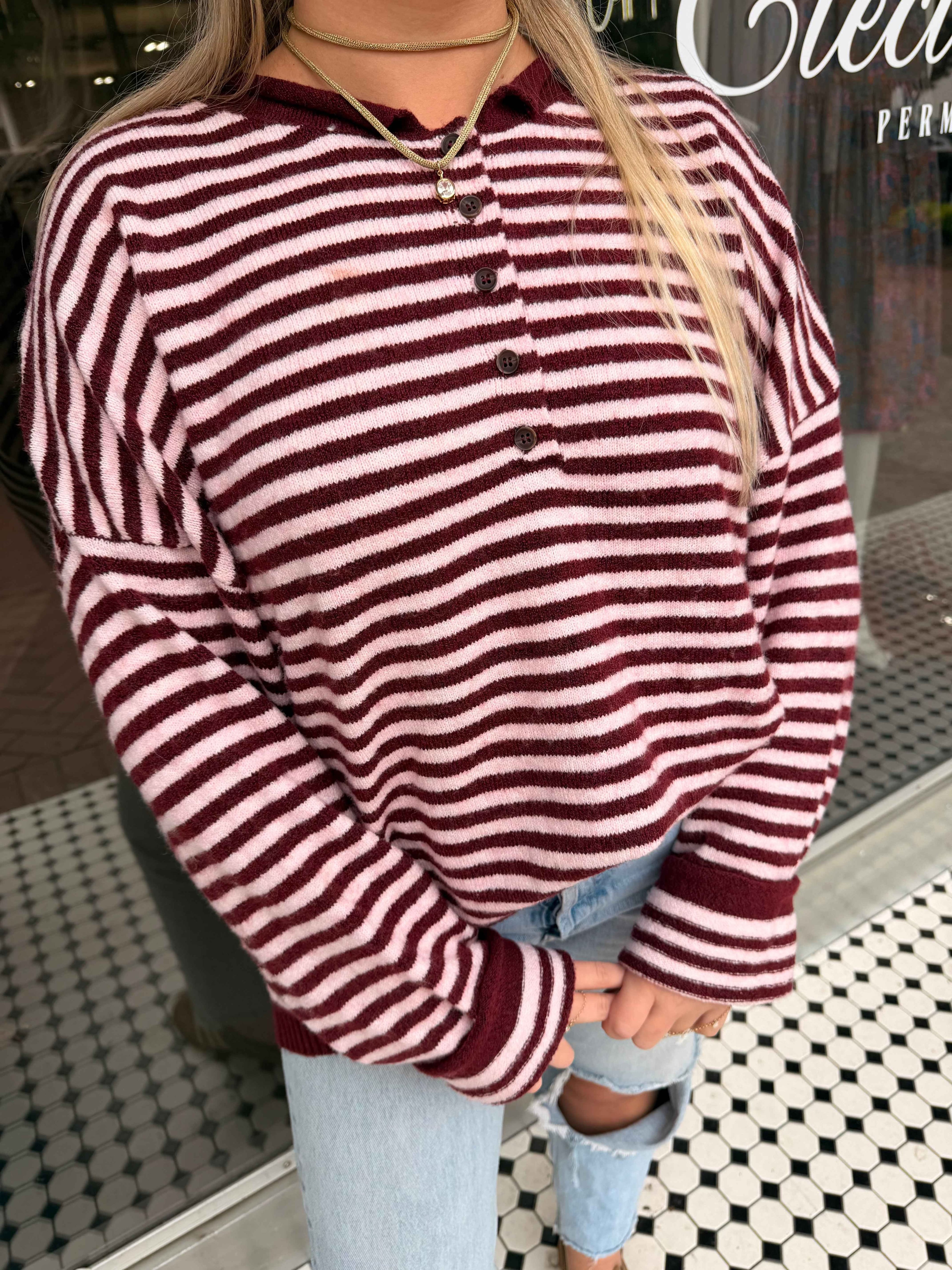Raw Rolled Edge Henley Sweater- Burgundy
