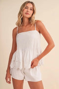 White Eyelet Trim Pleated Tank
