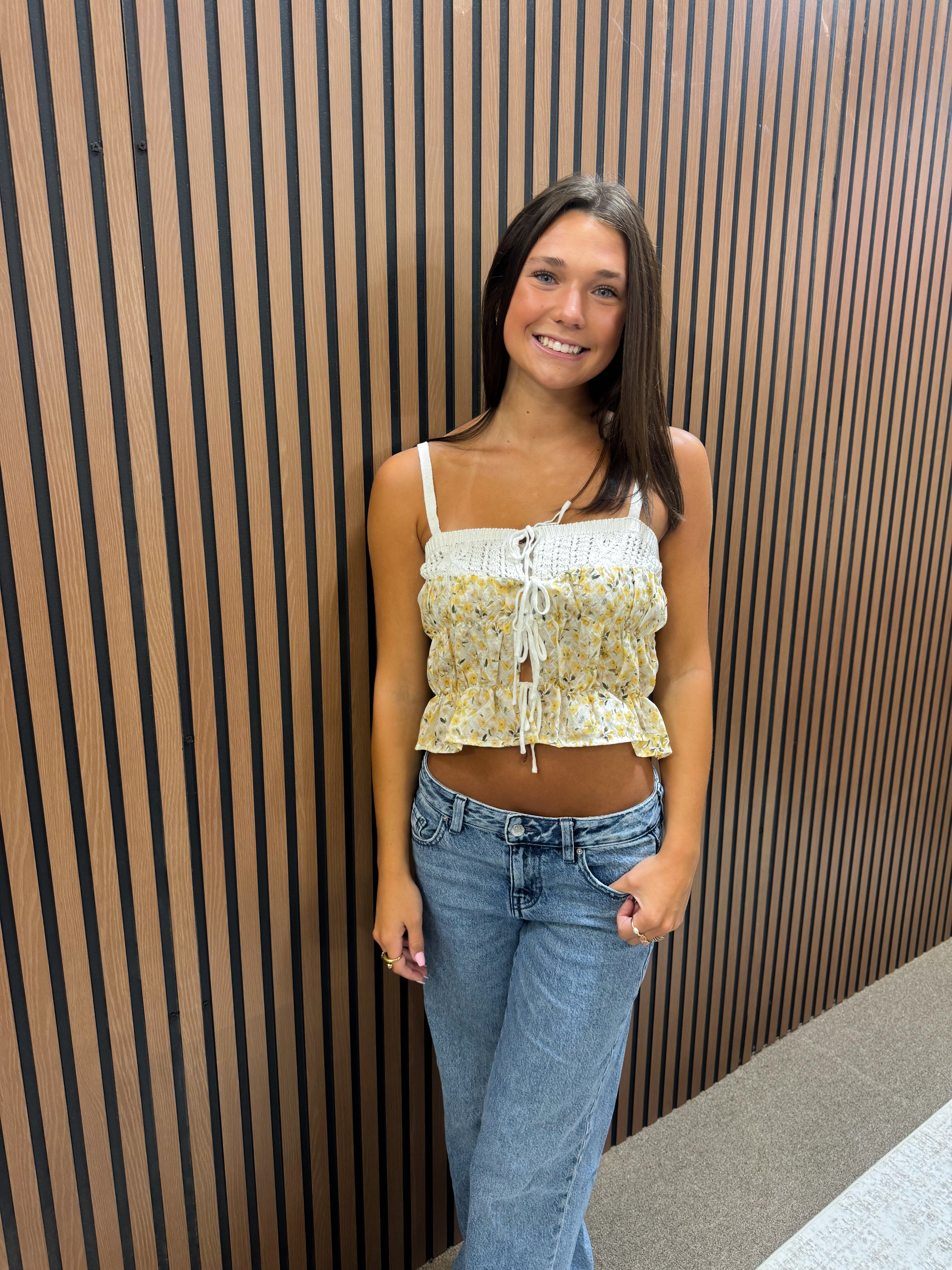 Crochet Cotton Tie Front Tank - Floral