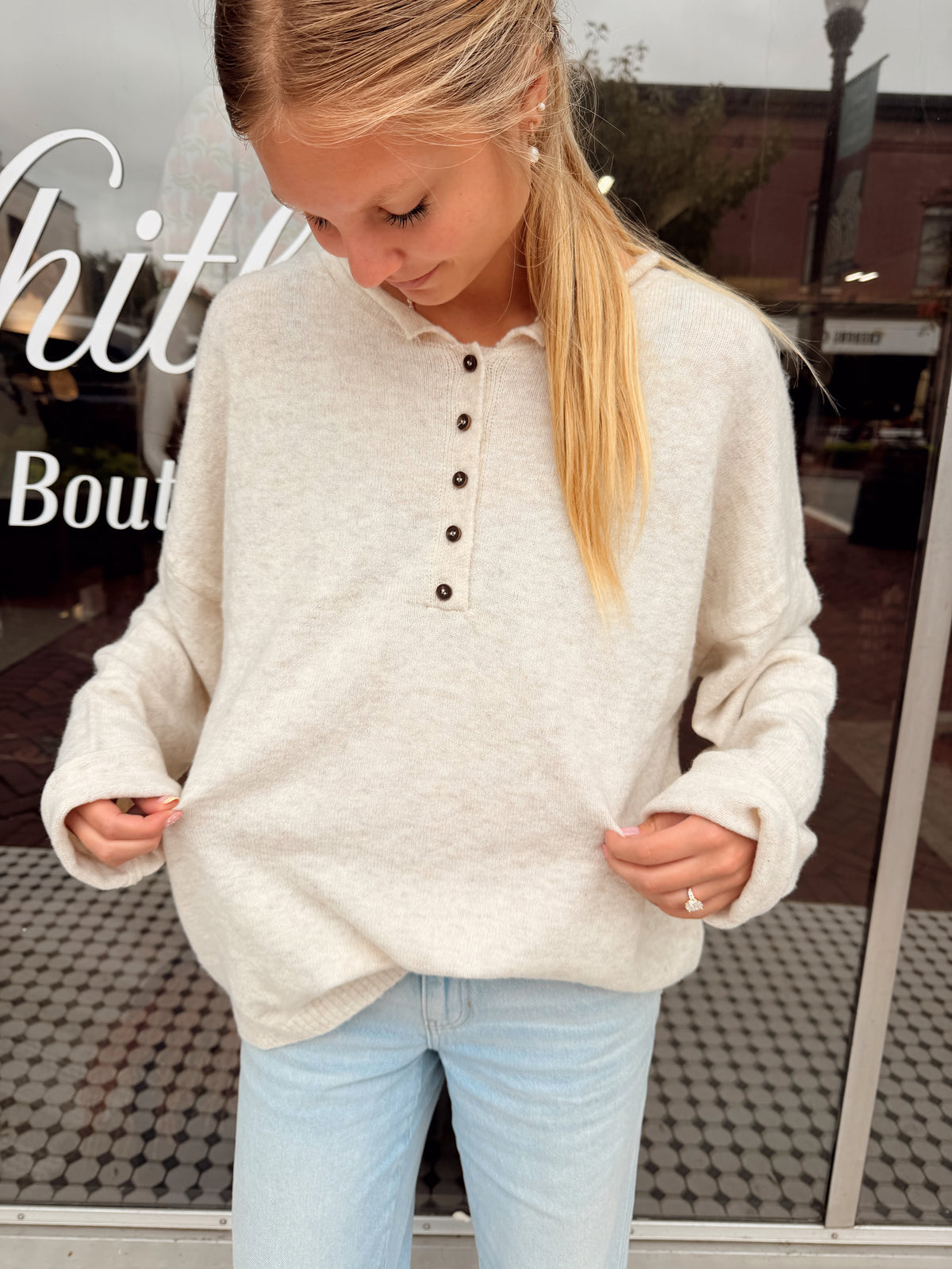Rolled Edge Stripe Sweater - Oatmeal Henley
