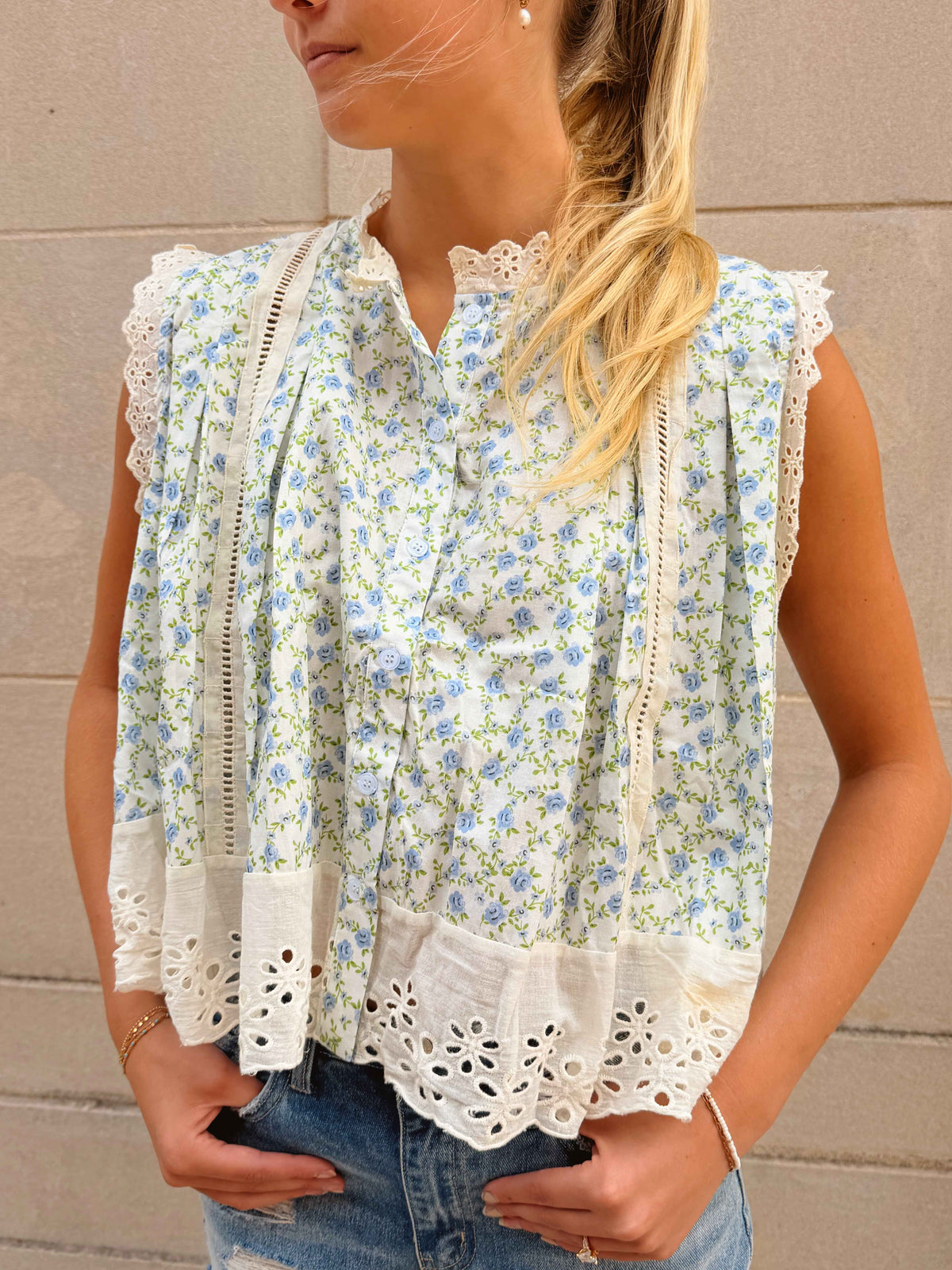 Floral Eyelet Trim Flowy Top