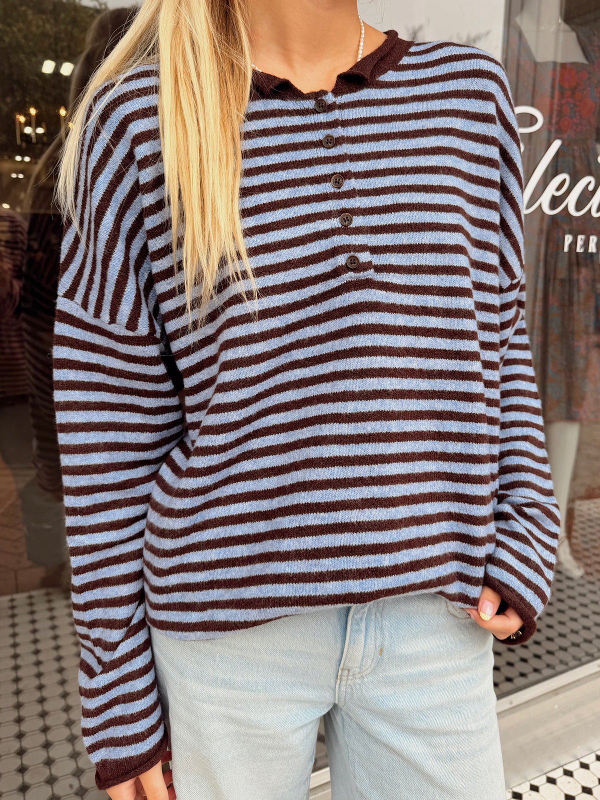 Raw Rolled Edge Henley Sweater- Blue