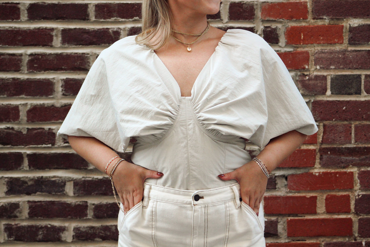 Off-the-Shoulder Balloon Sleeves Top- Stone