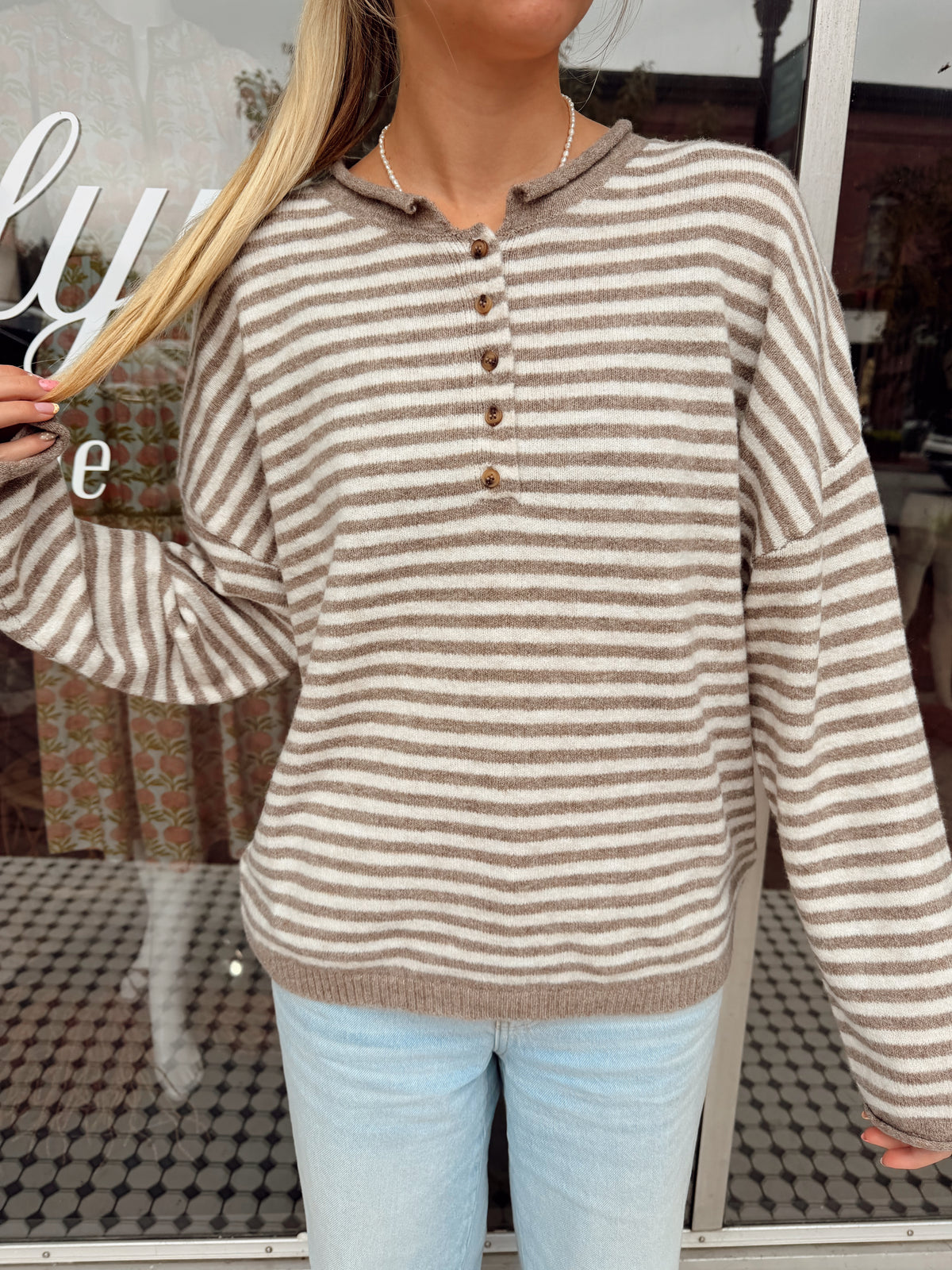 Raw Rolled Edge Henley Sweater- Mocha