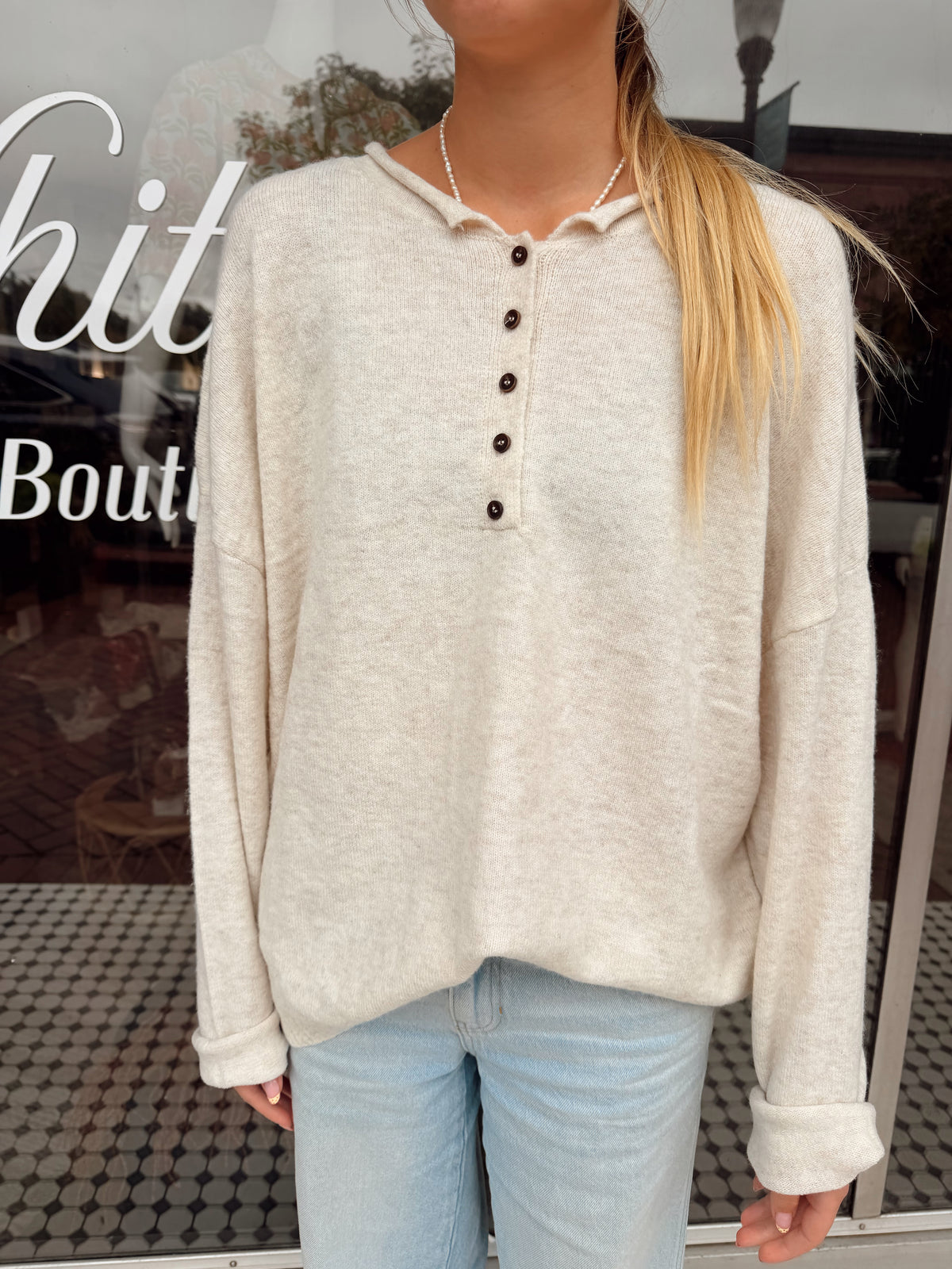 Rolled Edge Stripe Sweater - Oatmeal Henley
