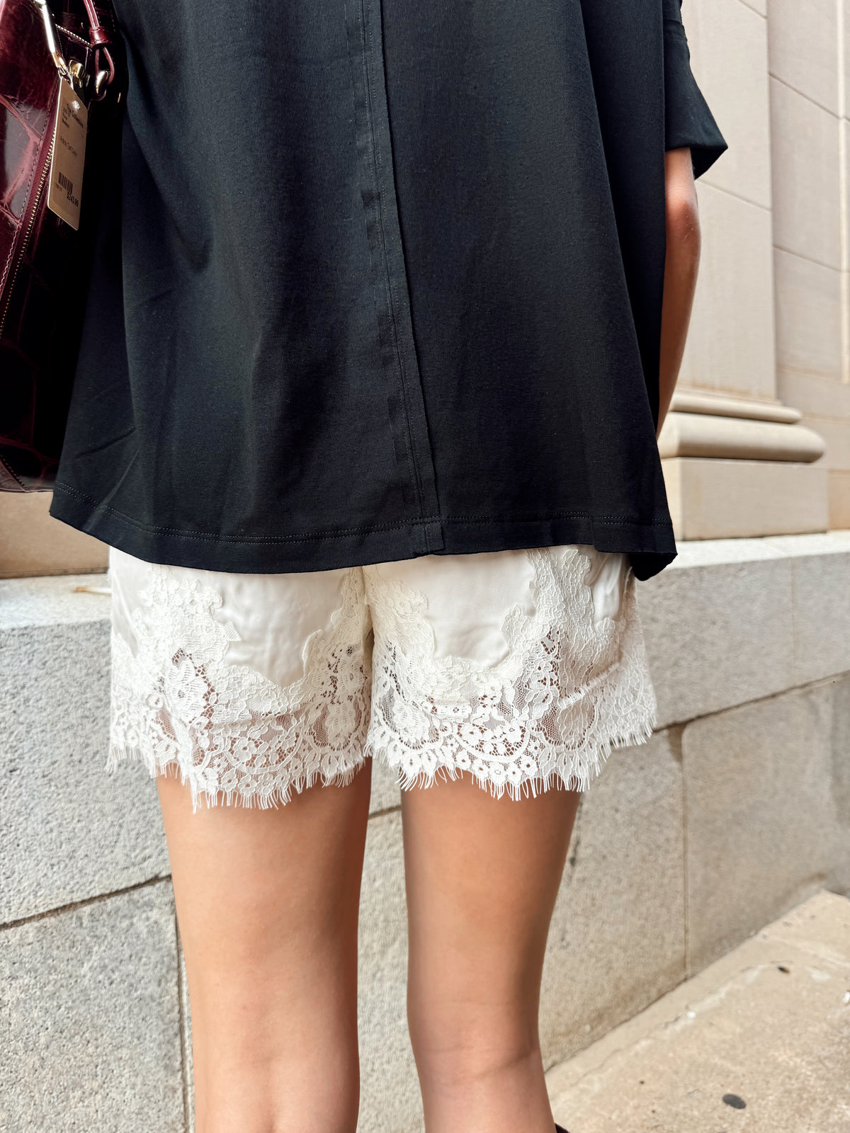 Satin Lace-Trim Shorts- Cream
