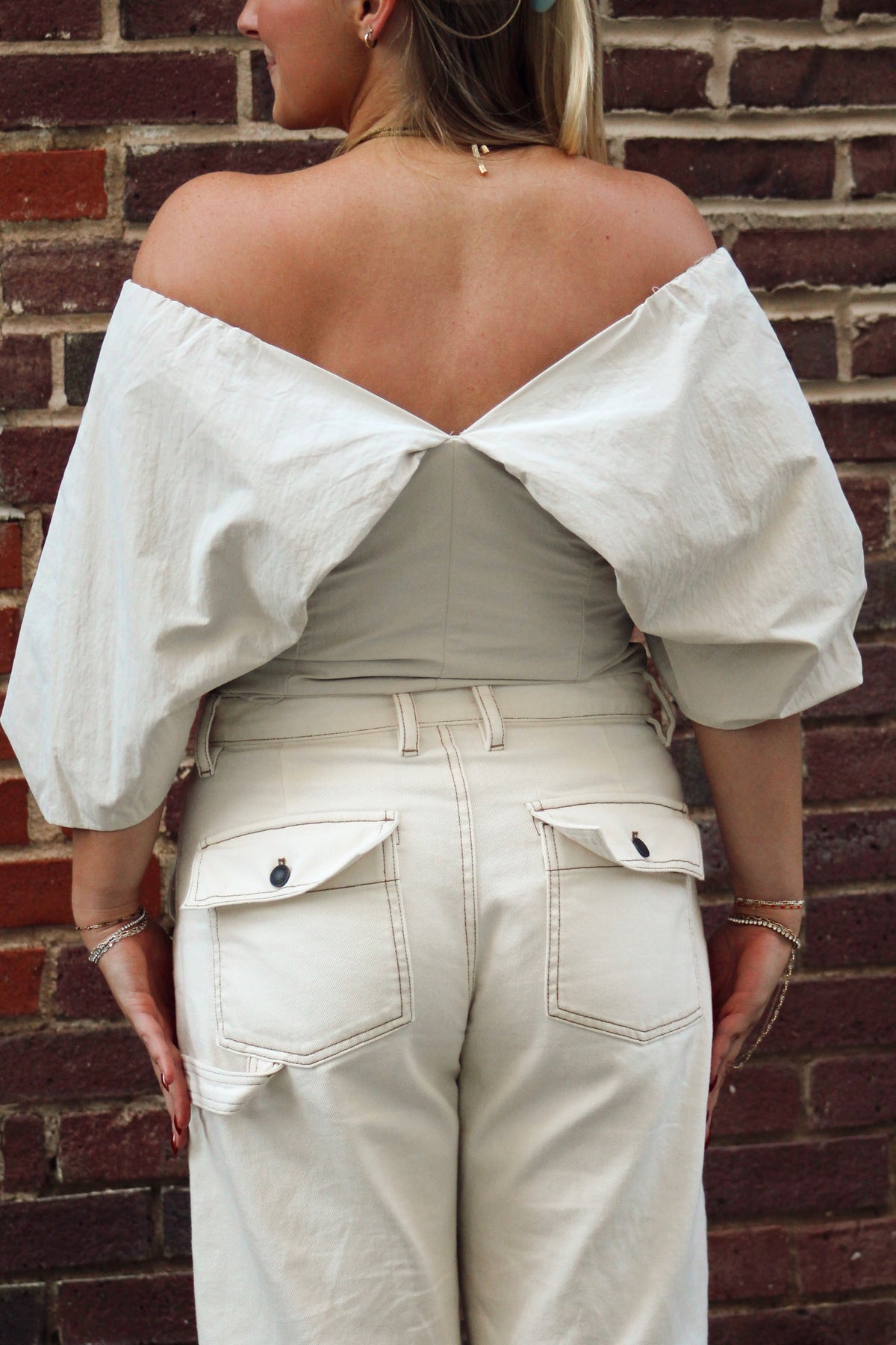 Off-the-Shoulder Balloon Sleeves Top- Stone