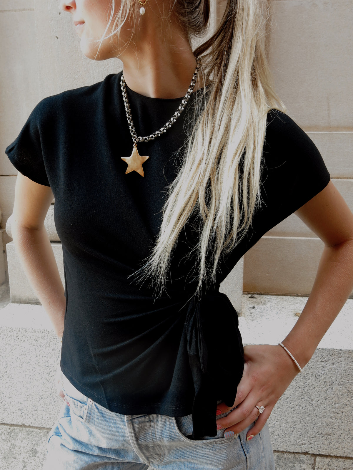 Knotted Tie Knit Top - Black