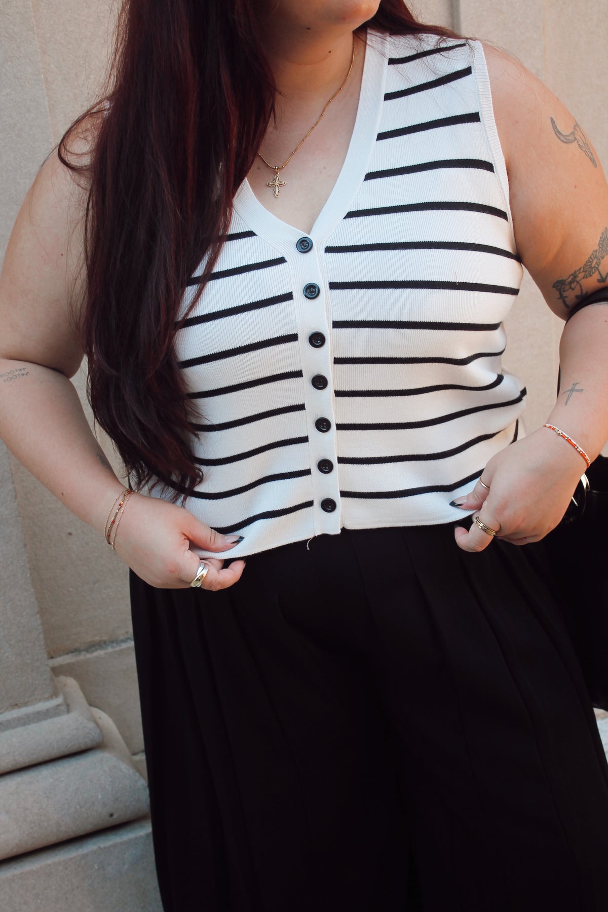 Stripe Button Down Vest Top