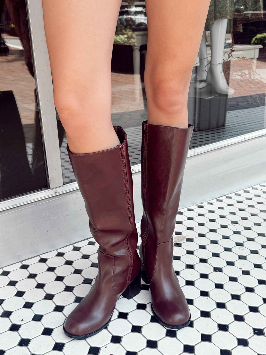 Wine Knee High Block Heel Boots