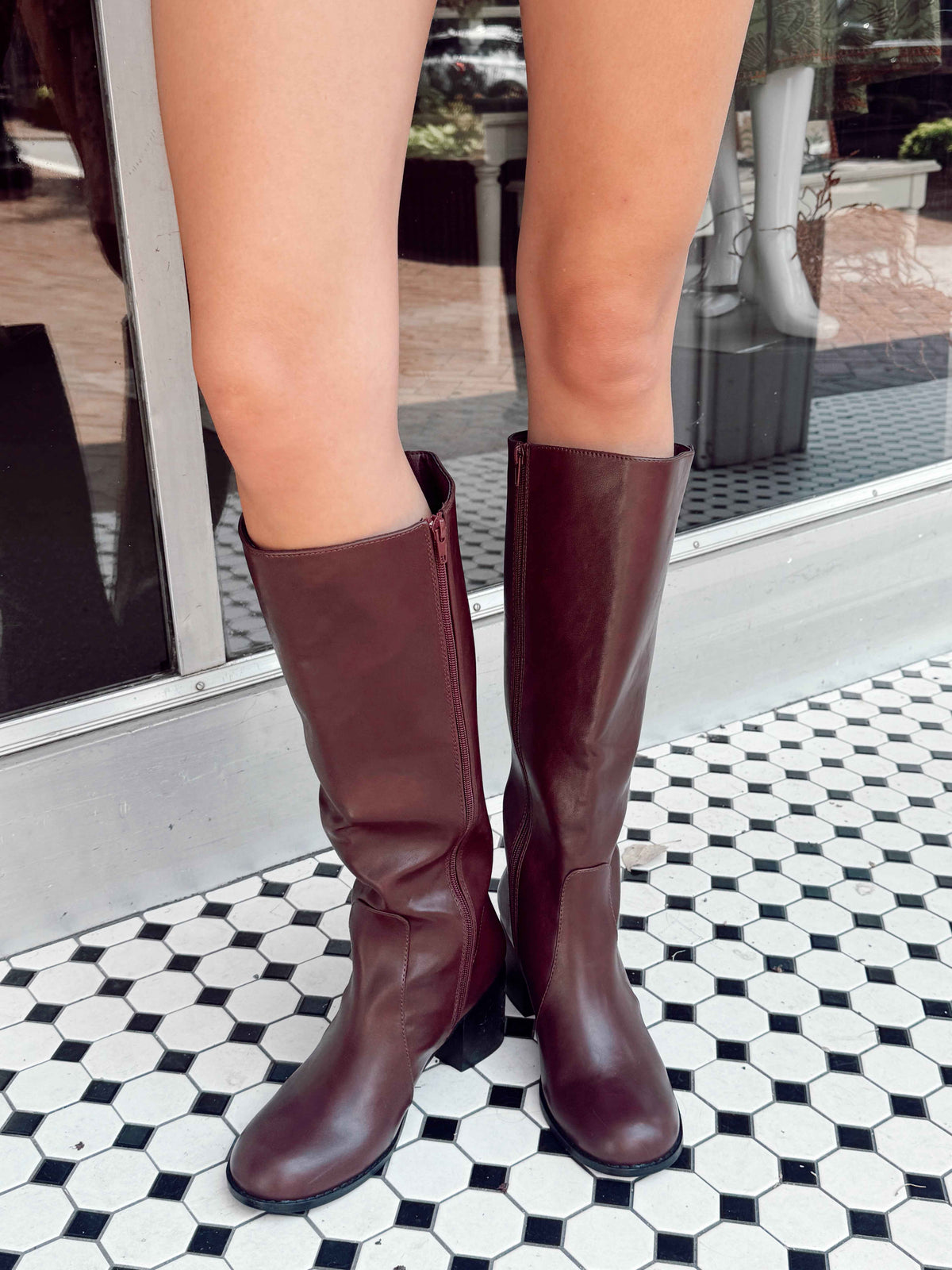 Wine Knee High Block Heel Boots
