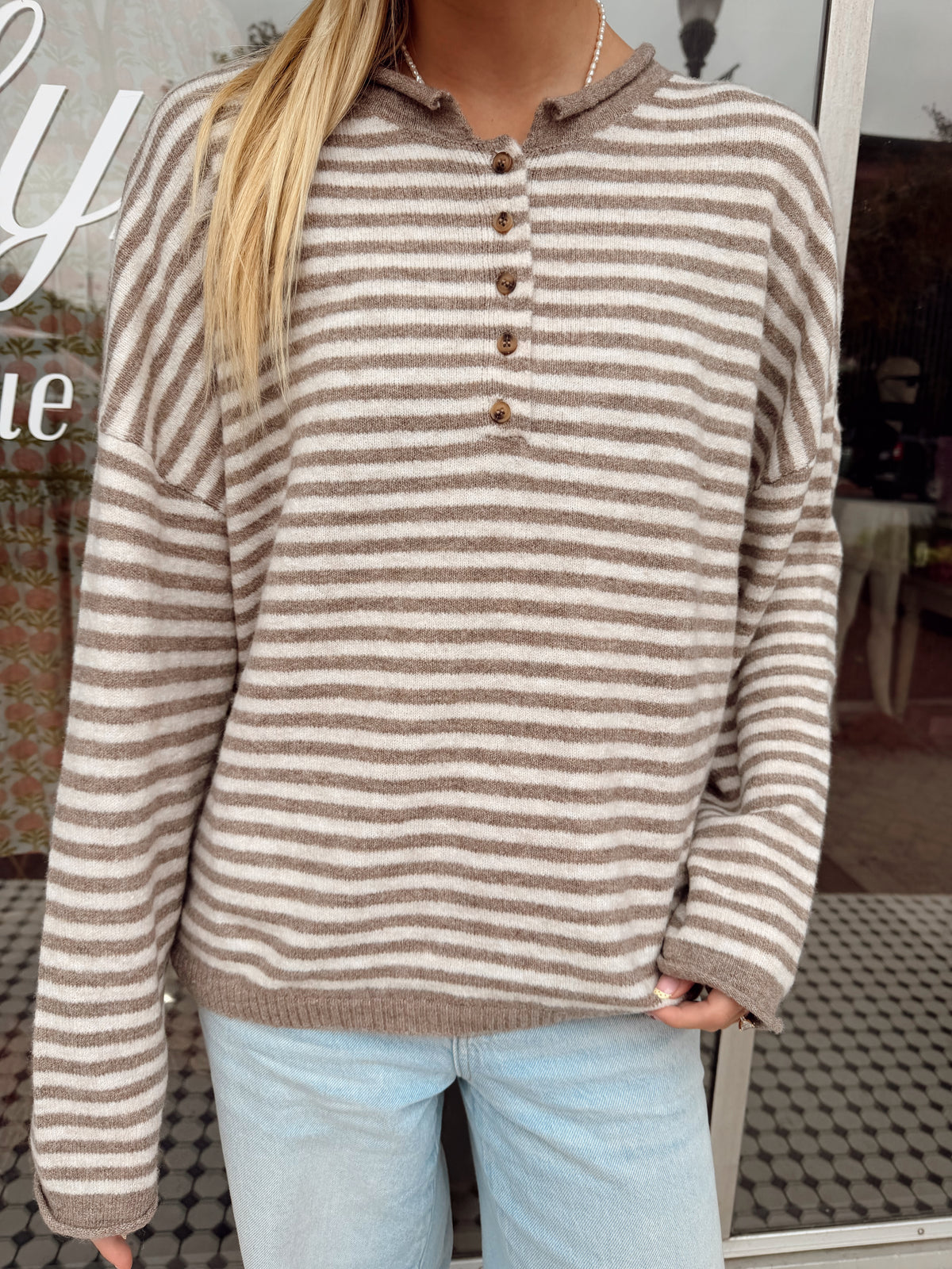 Raw Rolled Edge Henley Sweater- Mocha