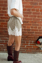 Satin Lace-Trim Shorts- Olive