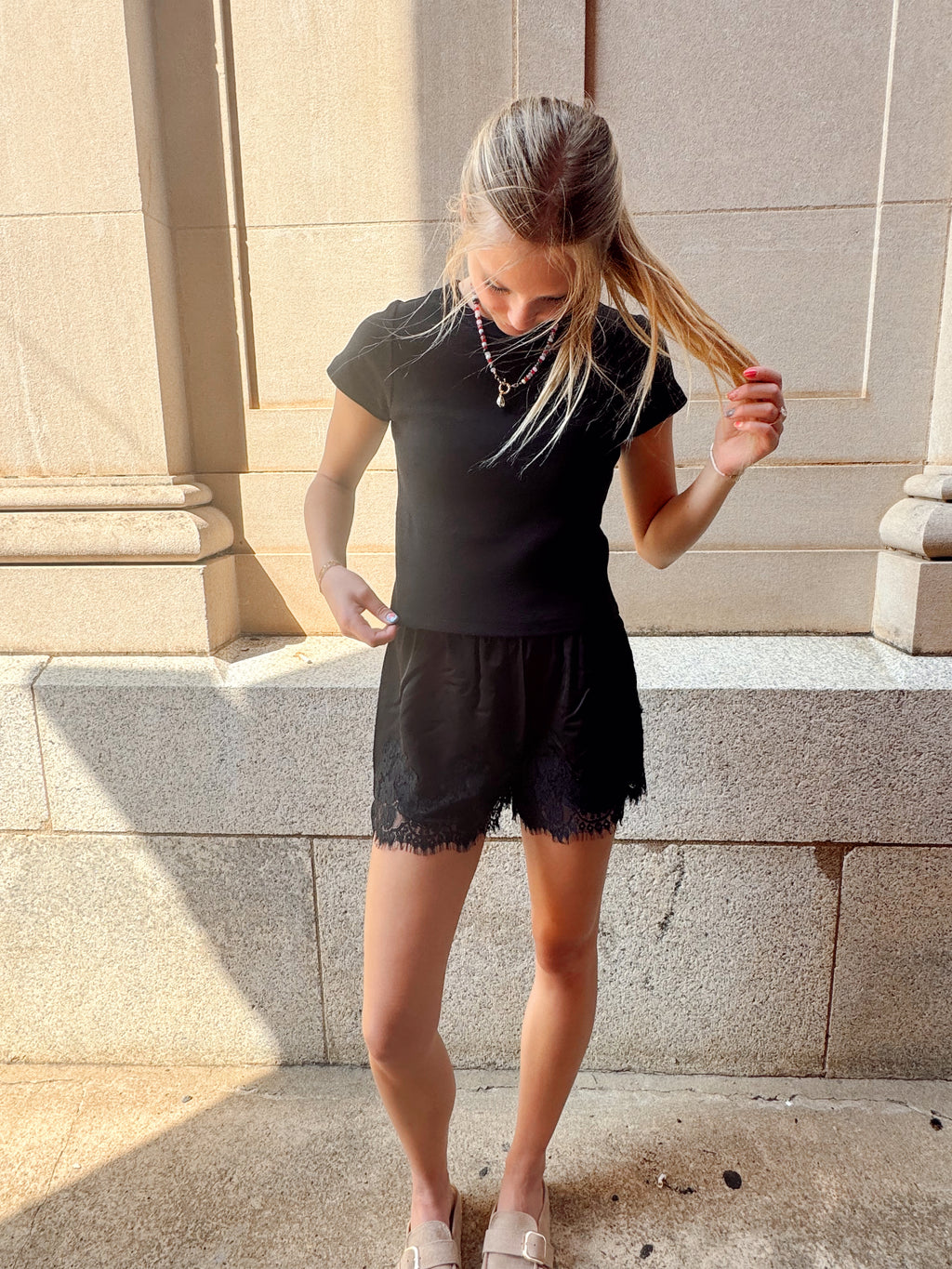 Satin Lace-Trim Shorts- Black