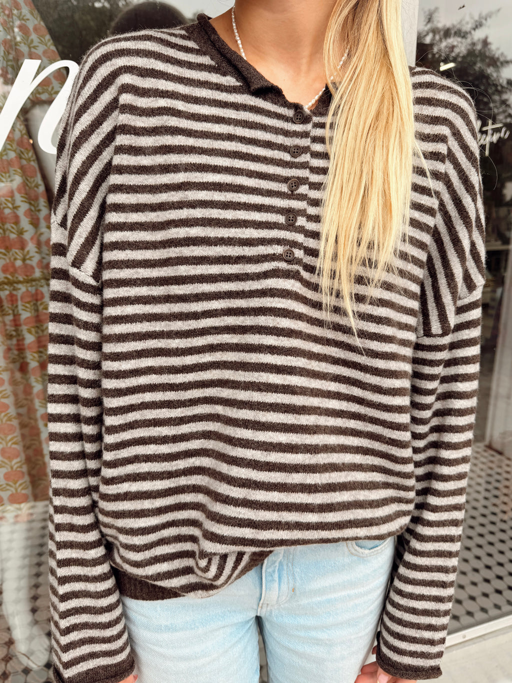 Raw Rolled Edge Henley Sweater- Dark Brown