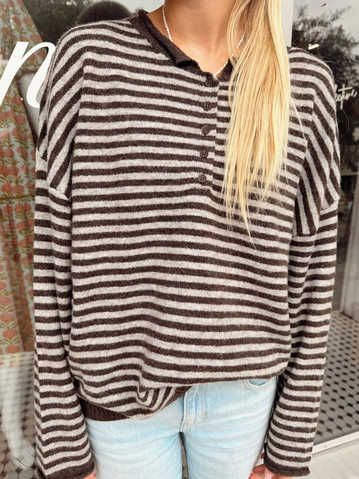 Raw Rolled Edge Henley Sweater- Dark Brown