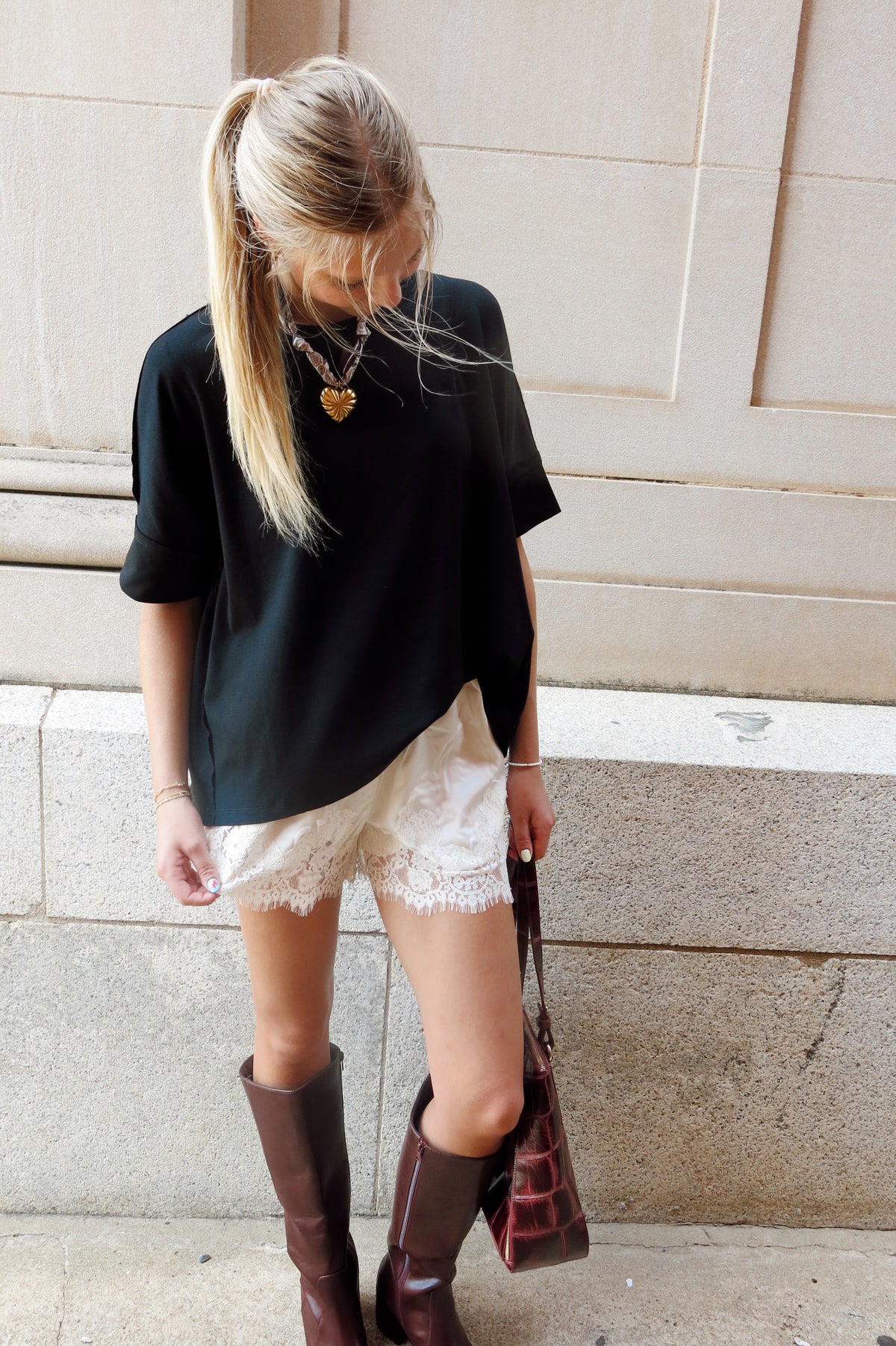 Satin Lace-Trim Shorts- Cream