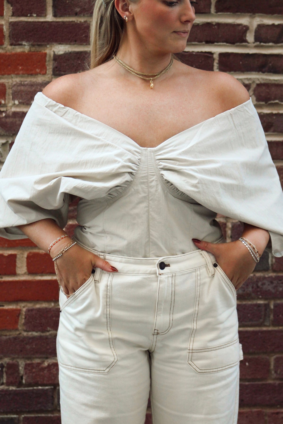 Off-the-Shoulder Balloon Sleeves Top- Stone